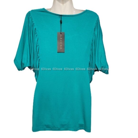 Turquoise Cotton Short Sleeve Batwing Sleeve Blouse Top- Size M Size XL - NWT - Picture 3 of 9